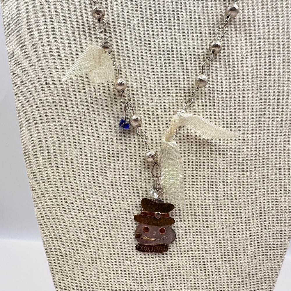 Vintage 90s Silver Tone Snowman Pendant Beaded Necklace Y2K Jewelry